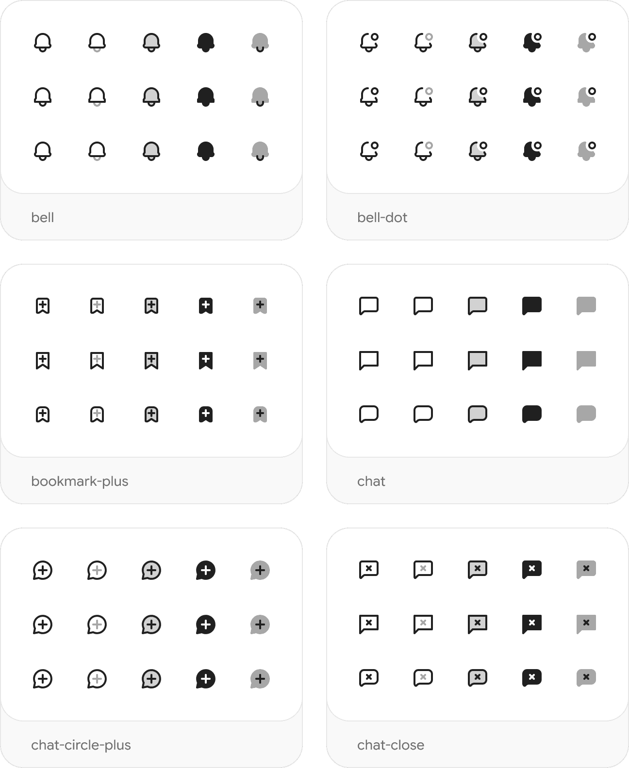 Icon cards from the coolicons Figma library, each in every style and with every corner radius
