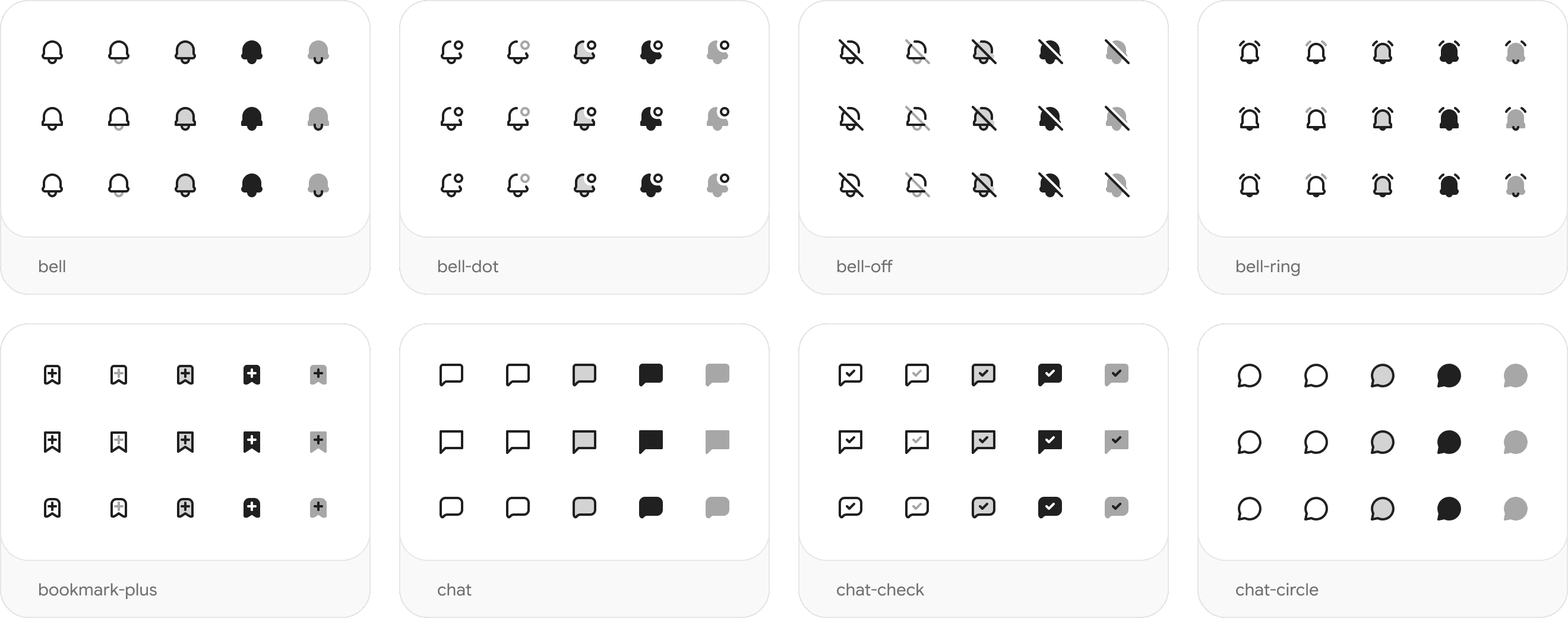 Icon cards from the coolicons Figma library, each in every style and with every corner radius