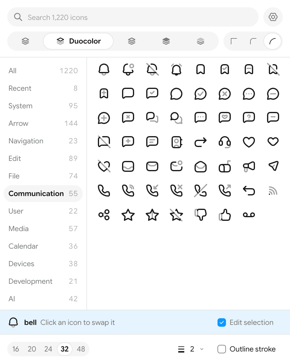 The coolicons plugin editing a selected bell icon, with Edit selection checked