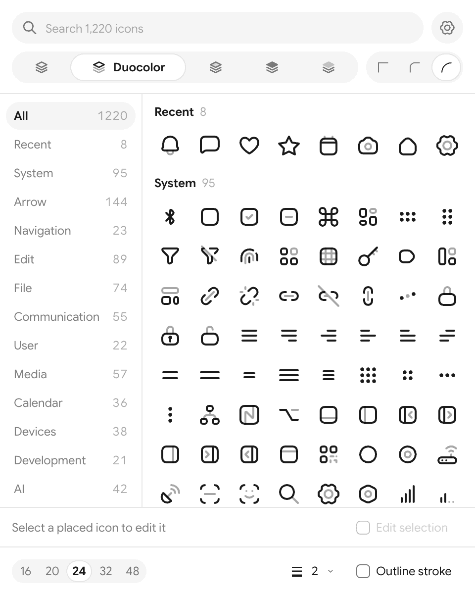 The coolicons plugin in Figma: search, styles, corners, categories and the icon grid